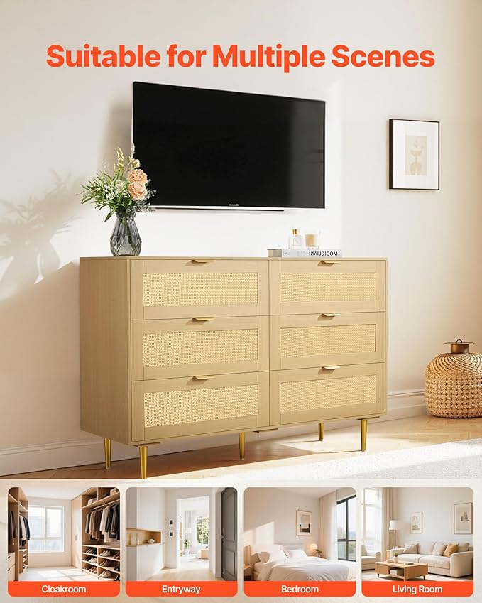VEVOR Rattan Dresser 6 Drawer, 47.2'' Wide Boho Wood Dresser, Double Dresser Chest of Drawers with Golden Handles and Legs, TV Stand Dresser for Bedroom, Living Room, Entryway, Hallway, Natural Oak