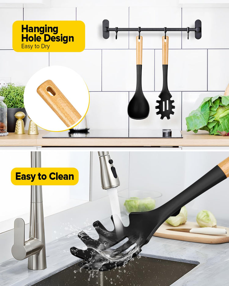 Silicone Soup Ladle and Spaghetti Spoon Set with Wooden Handle (2 Count)