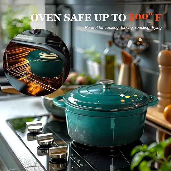 Overmont Enameled Cast Iron Dutch Oven - 5.5QT Pot with Lid Cookbook & Cotton Potholders - Heavy-Duty Cookware for Braising, Stews, Roasting, Bread Baking bottle green