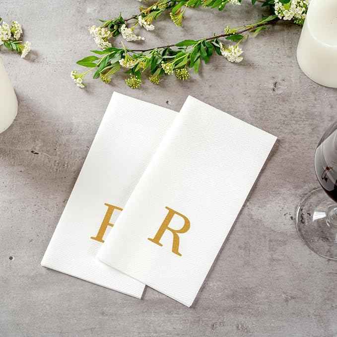 Luxenap 15.8 X 7.9 Inch Linen-Feel Guest Towels, 50 Lettered Hand Towels - Gold Letter 'R', Sans Serif Font, White Paper Dinner Napkins, airlaid, For Restrooms And Tables