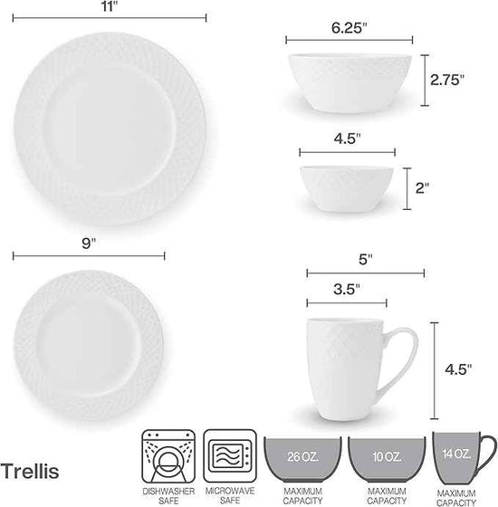 Mikasa Trellis Bone China Lightweight Chip Resistant 40 Piece Dinnerware Set, Service for 8