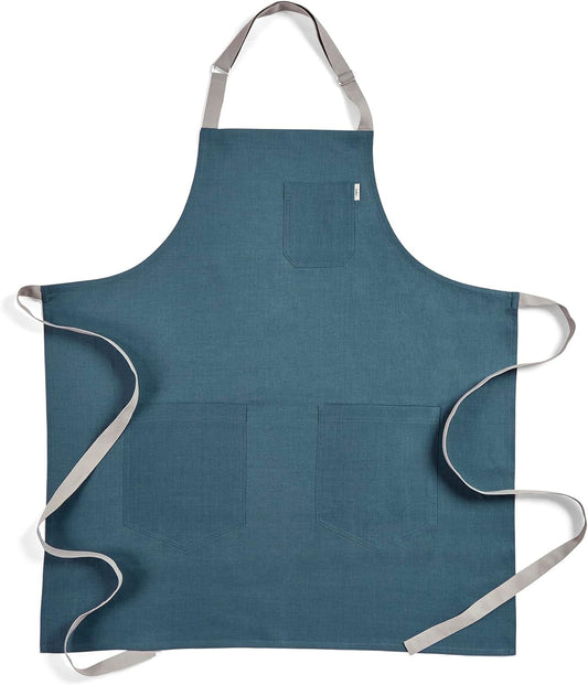 Solino Home Linen Kitchen Apron for Men & Women - Peacock Blue/Soft Grey Bib Apron with Front Pockets - Handcrafted from European Flax