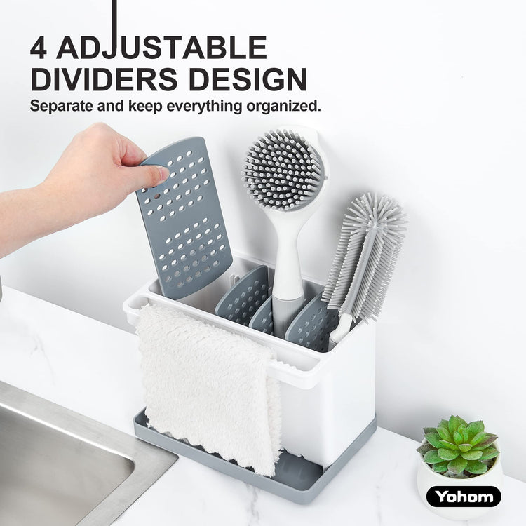Sink Brush Holder for Kitchen Sink Sponge Caddy Countertop Organizer Plastic Dish Scrubber Holder with Dividers