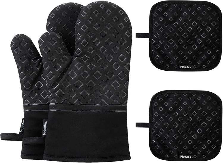 Set of 4 Oven Mitts and Pot Holders, 482 F Heat Resistant Hot Plate Moving Non-Slip Gloves for BBQ, Grill, Baking, Cooking, Oven, Microwave (Black)