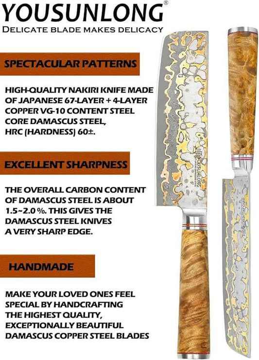 YOUSUNLONG Nakiri Asian Vegetable Knife 6.5“ - Ultra Sharp - Japanese Handmade Copper Damascus Steel Kitchen Knife Chef Knife - Naturel Burl Wooden Handle with Acacia Wood Box and Leather