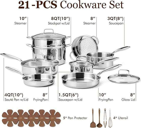 CAROTE 21pcs Tri-Ply Stainless Steel Cookware Set, Pots and Pans Set, Non Toxic Induction Kitchen Cooking Sets, Cookware Collection, Mirror Polish, Silver