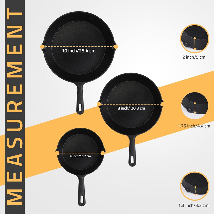 Utopia Kitchen Cast iron Skillets 3 Piece Set, Chefs Pan, Pre Seasoned Cast iron Skillets, 6, 8 & 10 Inches, Easy Use in the Oven, Stove, Grill, or Campfire, Black - Nestoria