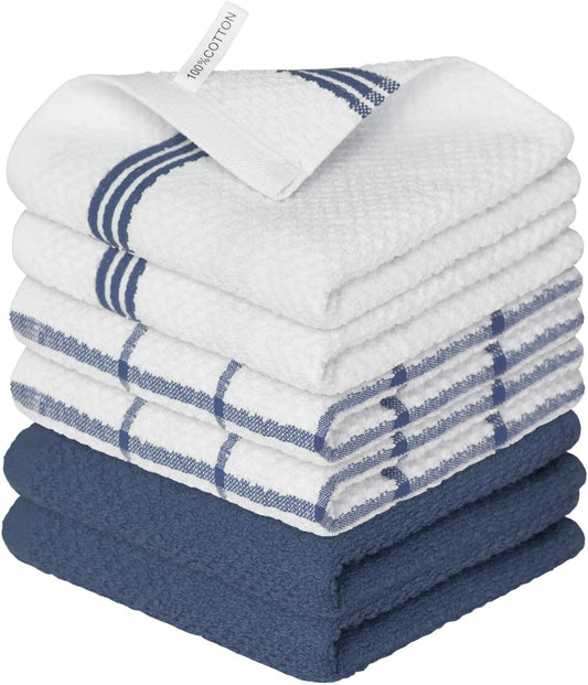 Artoid Mode Ring Spun Cotton Blue Dishcloth Kitchen Towels, 12x12 Inch Ultra Soft Absorbent Quick Drying Household Cleaning Kitchen Rags Set of 6 - Nestoria