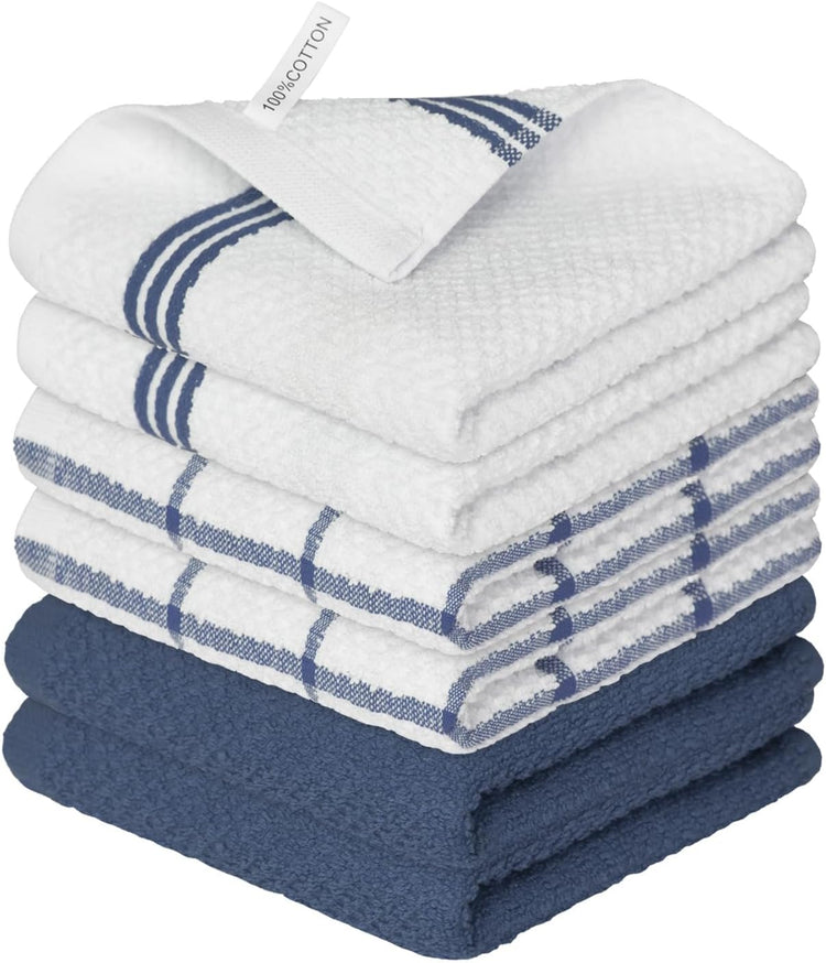 Artoid Mode Ring Spun Cotton Blue Dishcloth Kitchen Towels, 12x12 Inch Ultra Soft Absorbent Quick Drying Household Cleaning Kitchen Rags Set of 6 - Nestoria