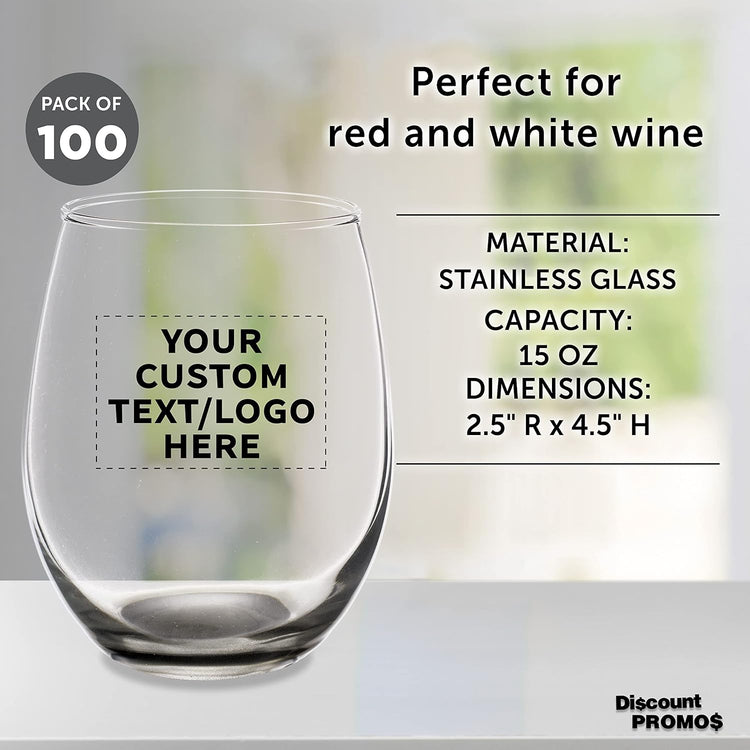 Custom Stemless Wine Glasses in Bulk by ARC Perfection, 15 oz, 100 pack, Personalized Text, Logo, Red or White Wine Glass Set, Black
