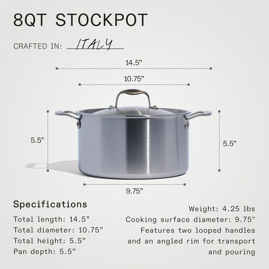 Made In Cookware - 8 Quart Stainless Steel Stock Pot With Lid - 5 Ply Stainless Clad - Professional Cookware - Crafted in Italy - Induction Compatible - Nestoria