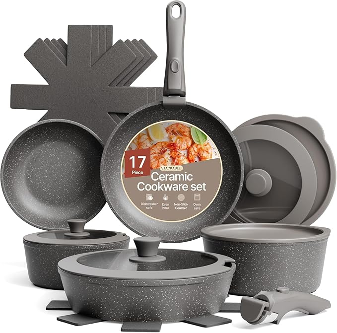 Bakken 17-Piece Ceramic Coated Aluminum Cookware Set, Nonstick Pots and Pans with Lids, Silicone Cooking Utensils & Oven Mitts, All Stovetop Safe Up To 500°F, PTFE & PFAS Free, Dishwasher Safe