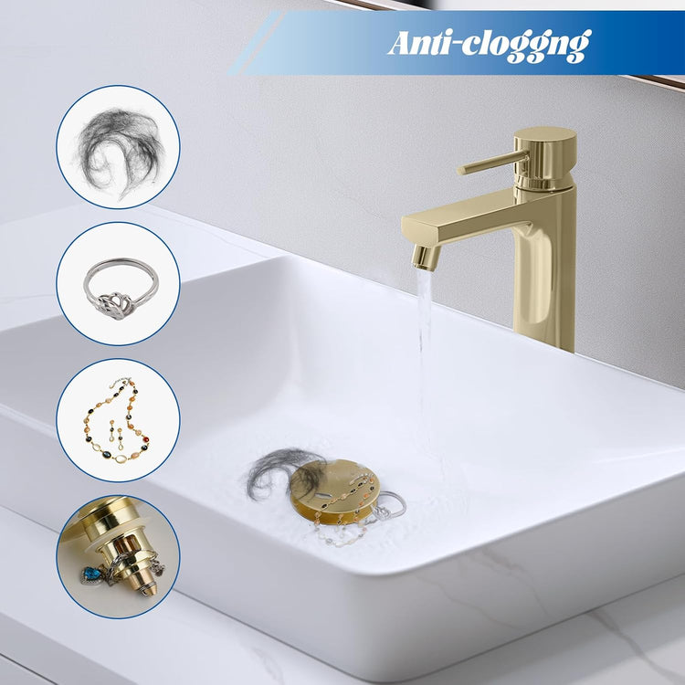 Hibbent 2 Pack All Metal Bathroom Sink Stopper, Universal Pop Up Drain Strainer, Brass Bullet Core Push Type Sink Stopper for 1.1''~2.3'' Basin, Big Push Button, Anti Clogging Filter, Brushed Gold