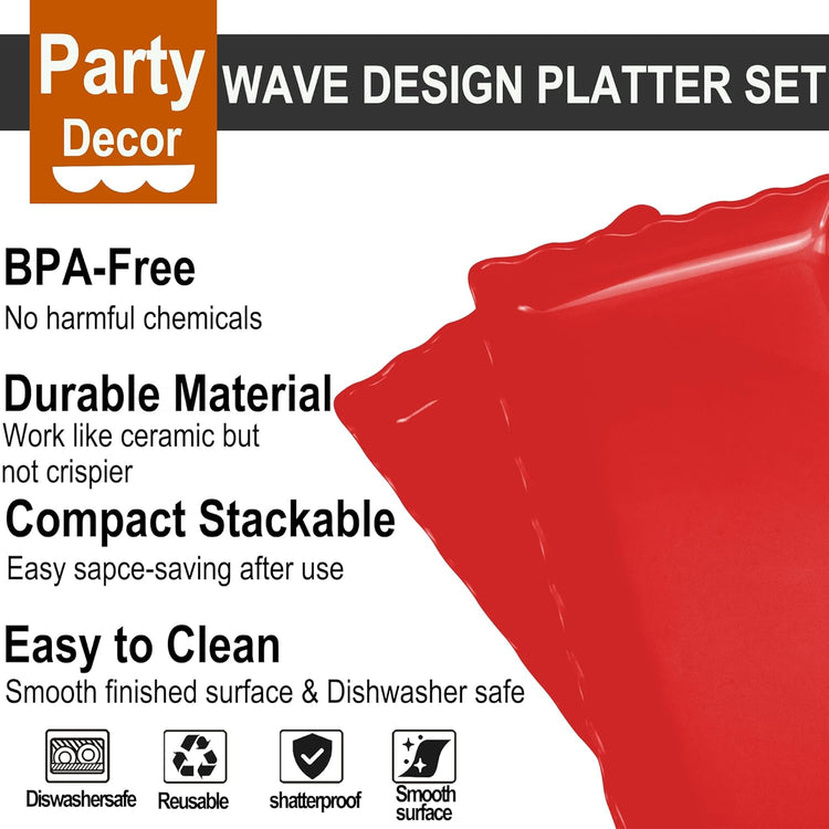 KAQAHIDO 17" x 8" x 1.5" Red Serving Tray Set, Wave Edge Melamine Platters for Cookie, Appetizer, Charcuterie, Snack, Dessert, Party Food Display, Stackable, Set of 2