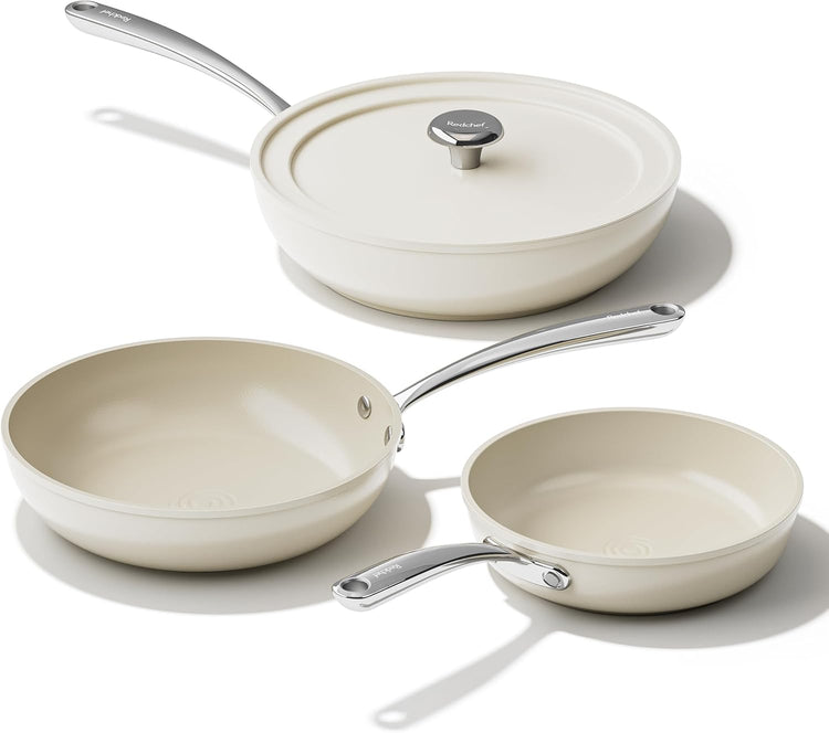 Redchef Nonstick Frying Pans Set, 4-Piece Ceramic Frying Pan, 8" 9.5" 11" Saute Pan Skillet, Non Toxic Ceramic Pan for Cooking, Pots and Pans, PFAS & PTFE & PFOA Free, Dishwasher & Oven Safe, Beige