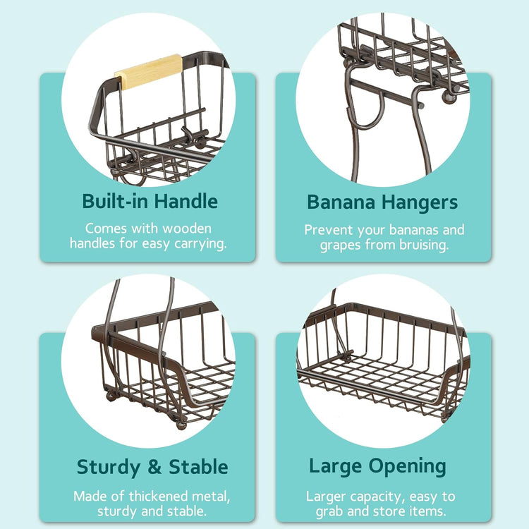 2 Tier Fruit Basket with 2 Banana Hangers, Detachable Countertop Fruit Bowls for Kitchen Counter, Metal Wire Fruit Vegetable Storage Holder Stand with Wooden Handles for Bread, Snacks, Veggies