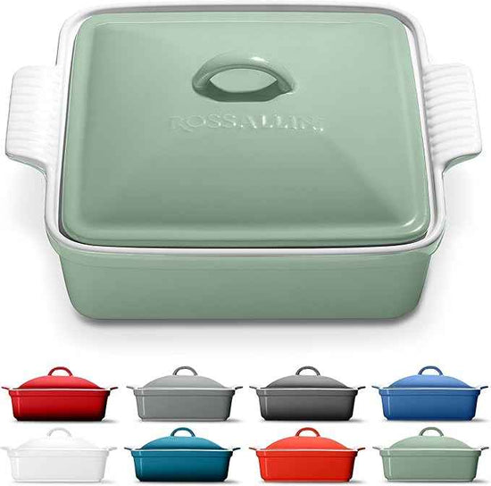 Stoneware Casserole Dish Bakeware with Lid | Covered Square Dinnerware | Medium 2 Quart, [Sage Green]