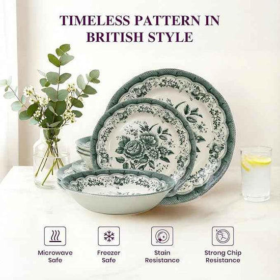 TUDOR ROYAL 12-Piece Porcelain Round Dinnerware Set, Service for 4, VICTORIA Green Design, Blue Floral, Plates Bowls Dishes, Premium Quality Tableware, Unique Pattern, Glossy