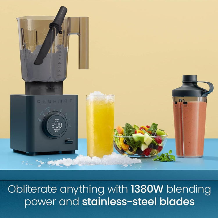 Chefman Obliterator 48 oz Countertop Blender for Smoothies, 1380W Motor to Crush Ice, Nuts, and Frozen Fruit with Stainless Steel Blade, Blender Pack Includes Two 20 oz. Travel Jars - Midnight
