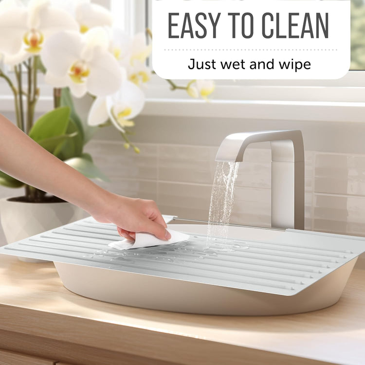 Maplefield Bathroom Sink Cover for Counter Space - Gray, 22 x 2 x 2 Inches - Heat Resistant Silicone Mat - Foldable Vanity Makeup Tray - Space-Saving Sink Cover
