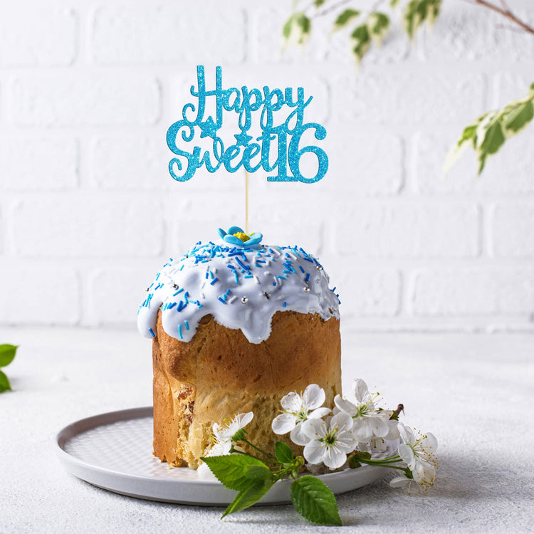 1Pc Happy Sweet 16 Cake Topper Glitter 16th Birthday Cake Pick for Cheers to 16 Years Old 16th Birthday Party Cake Decorations Supplies Light Blue
