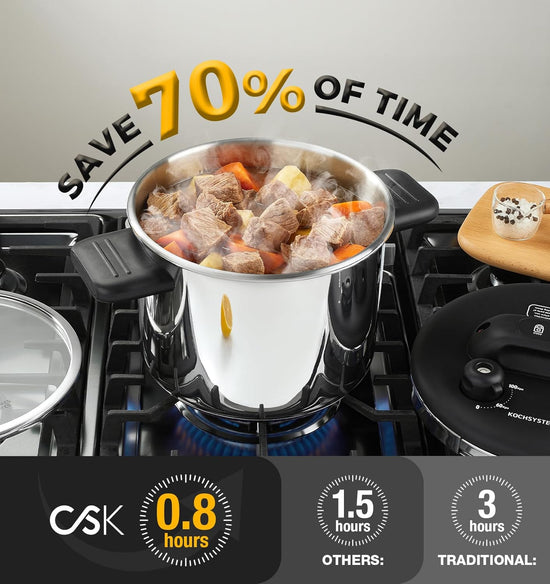 KOCH SYSTEME CS Stainless Steel Pressure Cooker 8.5 Quart, Olla de Presion, 3 PSI Settings, 18/10 Stainless Steel Pressure Cooker, One-Press Lock Pressure Cookers, Induction Ready, Glass Lid & Steamer - Nestoria