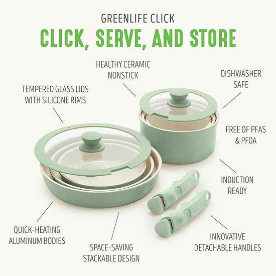 GreenLife 10 Piece Nonstick Pots & Pans Set, Detachable Handle & Stackable Cookware Set, Non Toxic PFAS-Free Skillets, Induction Kitchen Pans, Space Saving, Serving Bowls, Oven Safe, Sage Green