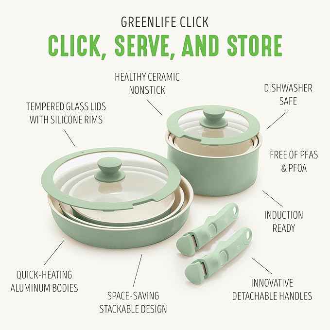 GreenLife 10 Piece Nonstick Pots & Pans Set, Detachable Handle & Stackable Cookware Set, Non Toxic PFAS-Free Skillets, Induction Kitchen Pans, Space Saving, Serving Bowls, Oven Safe, Sage Green