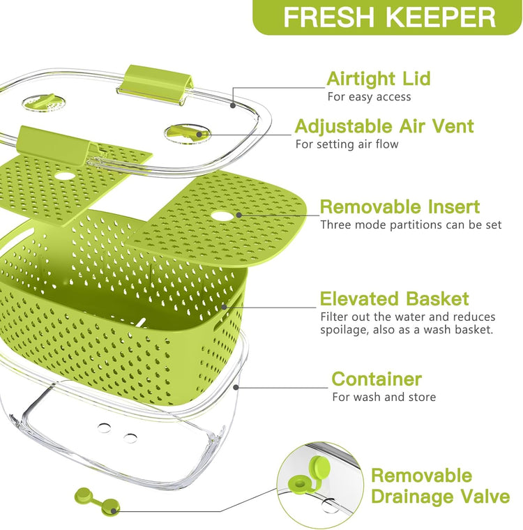 LUXEAR Fresh Produce Vegetable Fruit Storage Containers 3Piece Set, BPA-free Fridge Storage Container, Partitioned Salad Container, Fridge Organizers, Used in Storing Fruits Vegetables, Green