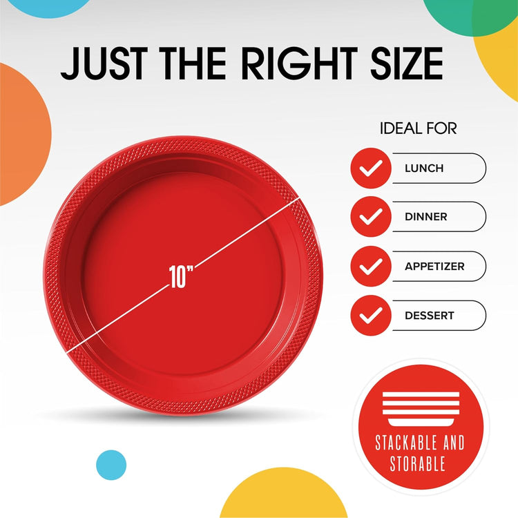 Exquisite Party Solids Red Plastic Plates For Party 10" Red Disposable Plates Heavy Duty Supplies 100 Pcs Plastic Dinnerware Sets Heavy Duty 350 GSM Disposable Dinnerware Set