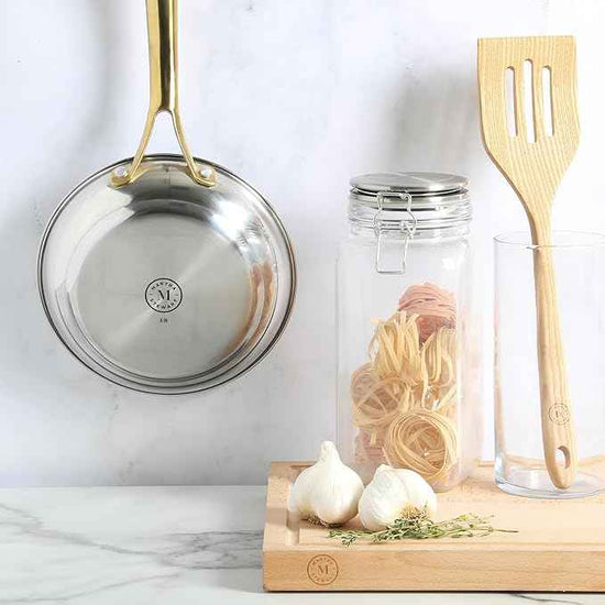 Martha Stewart Castelle 8-Inch Stainless Steel Frying Pan with Gold-Tone Handle – Tri-Ply Encapsulated Bottom, Oven Safe & Induction Safe Skillet for Searing and Sautéing
