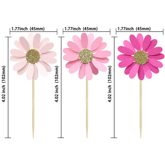 24Pcs Daisy Cupcake Toppers Flower Cake Topper Decorations Daisy Cake Decorations Chrysanthemum Cupcake Toppers Spring Daisy Flower Cake Picks for Birthday Wedding Supplies Rose Red Pink (24 Count)