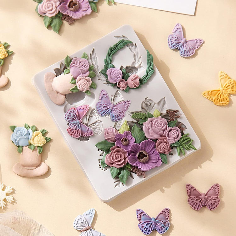 Rose Fondant Molds, Flower Pot Bouquet Butterfly Chocolate Cake Decorating Silicone Molds for Cupcake Topper, Candy, Sugar Craft, Floral Paste, Mousse, Gum Paste, Epoxy Resin, Polymer Clay, Home Decor