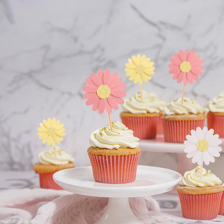 24Pcs Daisy Cupcake Toppers Glitter Flower Daisy Cake Decorations Chrysanthemum Cupcake Toppers Spring Daisy Flower Cake Picks for Birthday Wedding Supplies Multi 2 (24 Count)