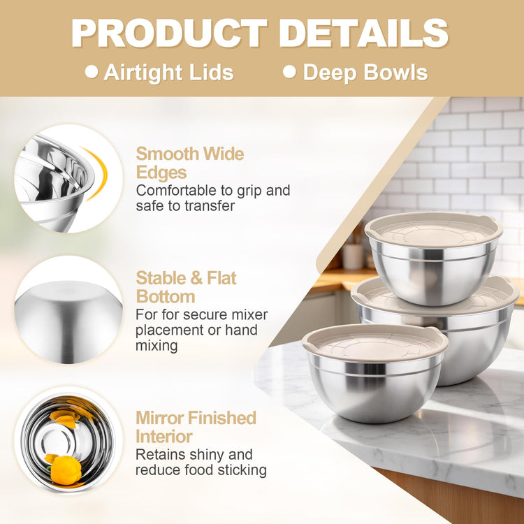 Mixing Bowls Stainless Steel Nesting Salad Bowls & Airtight Lids (3 Count)