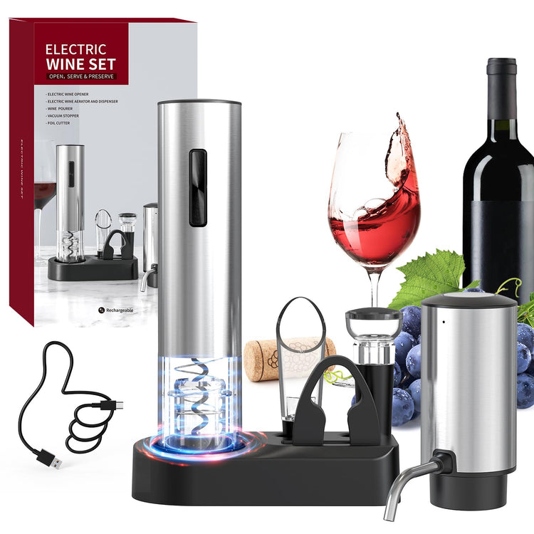 6-in-1 Electric Wine Opener Set Rechargeable Stainless Steel Wine Opener Gift Set with Foil Cutter, Rechargeable & Manual Wine Aerator Pourers, Vacuum Wine Stopper and Storage Base, Silver (6 Count)