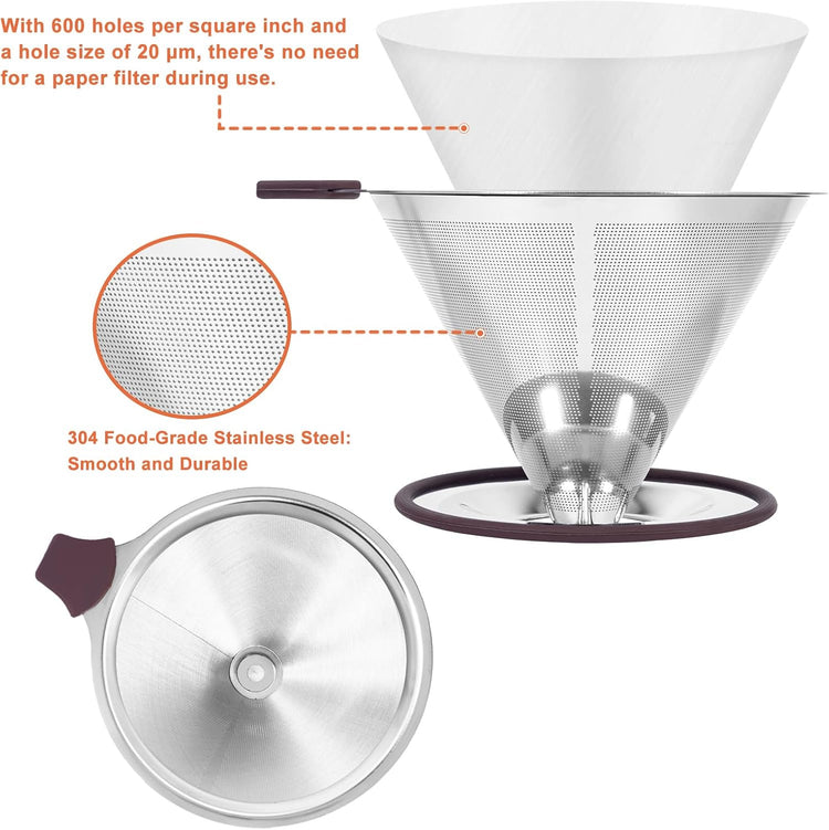 Pour Over Coffee Dripper, Paperless Pour Over Coffee filter, Stainless Steel Reusable Coffee Filters with Double Layer Mesh, Coffee Strainer Cup Stand & Cleaning Brush