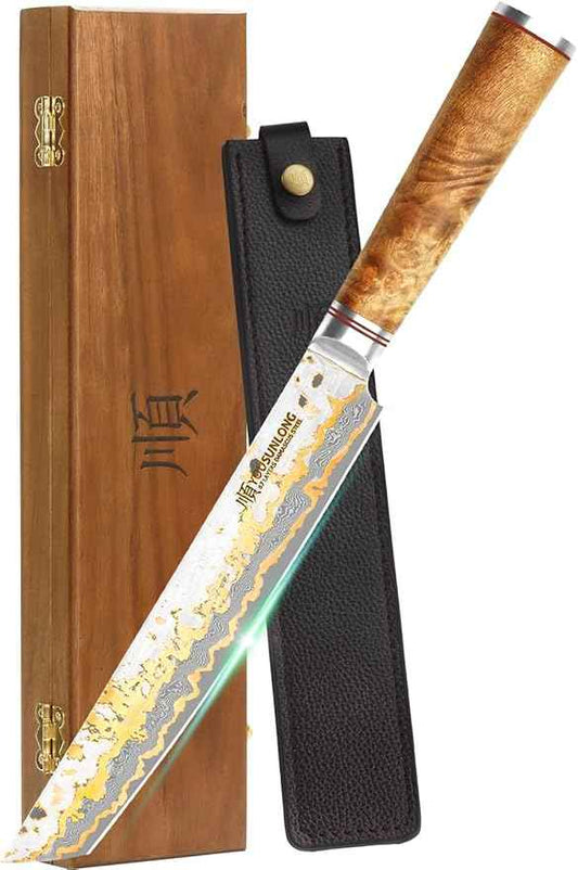 YOUSUNLONG Sashimi Slicing Knife - 8 Inch Sujihiki Yanagiba Knife - Super Sharp Slice - Japanese Handmade Copper Damascus Steel Blade - Naturel Burl Wooden Handle with Leather