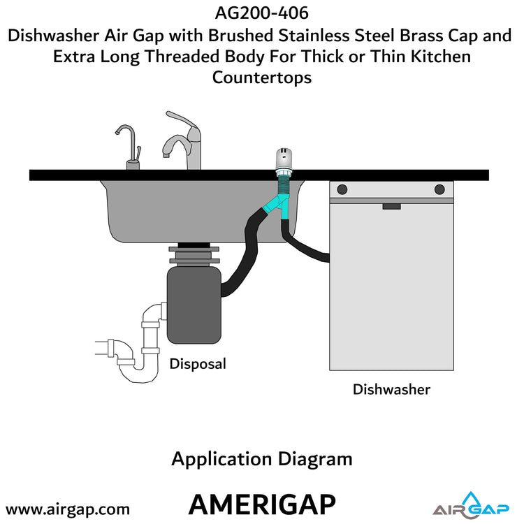 Dishwasher Air Gap with Skirted Brushed Stainless Steel Brass Cap and Extra Long Threaded Body for Thick or Thin Kitchen Countertops