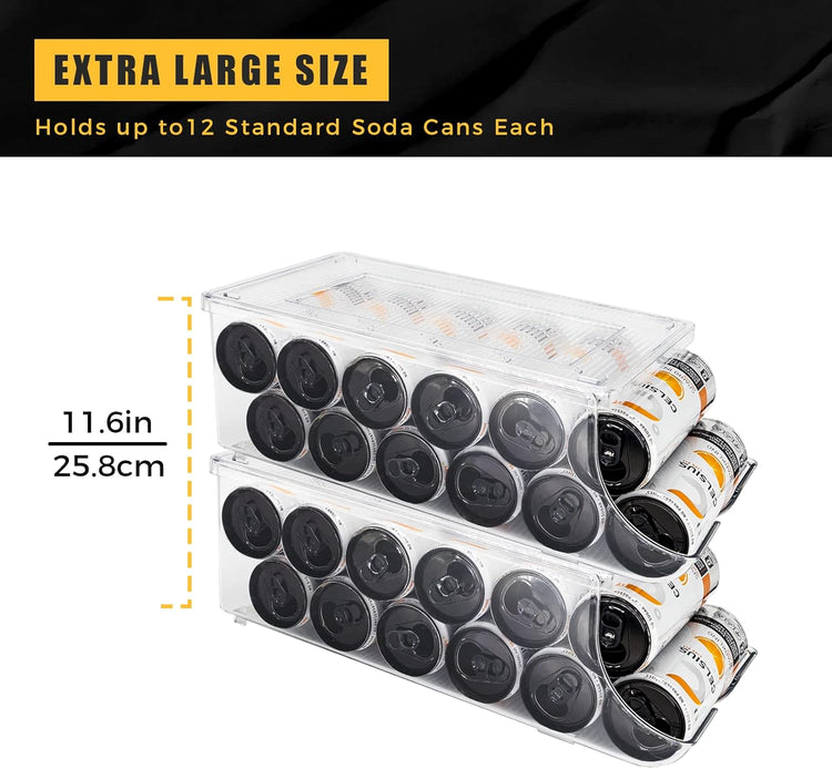2 Pack Skinny Can Organizer for Refrigerator, Stackable Tall Skinny Soda Pop Can Holder Dispenser with Lid for Fridge Pantry Rack Freezer, Clear Plastic Storage Bins-Holds 12 Slim Cans Each