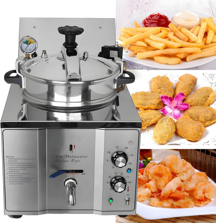 110V 16L Commercial High Pressure Fried Chicken Stove 2.4KW Electric Countertop Pressure Fryer Stainless Steel Kitchen Frying Machine for Snack Bar Restaurant