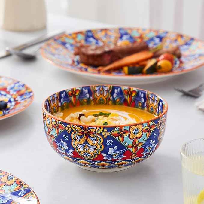 vancasso 12 Pieces Dinnerware Sets, Orange Plates and Bowls Set, Porcelain Dishes Set for 4, Microwave and Dishwasher Safe, Scratch Resistant, Bohemian Style Dining Ware Service for 4, Series SIMI