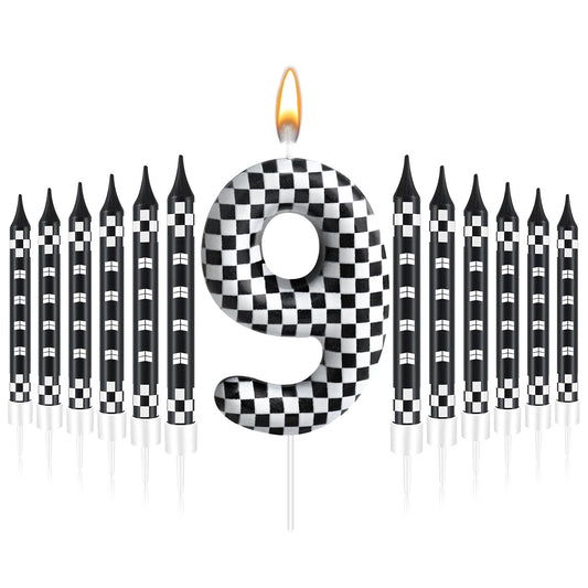 13 Pcs Racing Cars Themed Birthday Candles Black and White Race Number 9 Checkered Candle Cake Topper for Racing Car Party Decoration Supplies (13 Count)