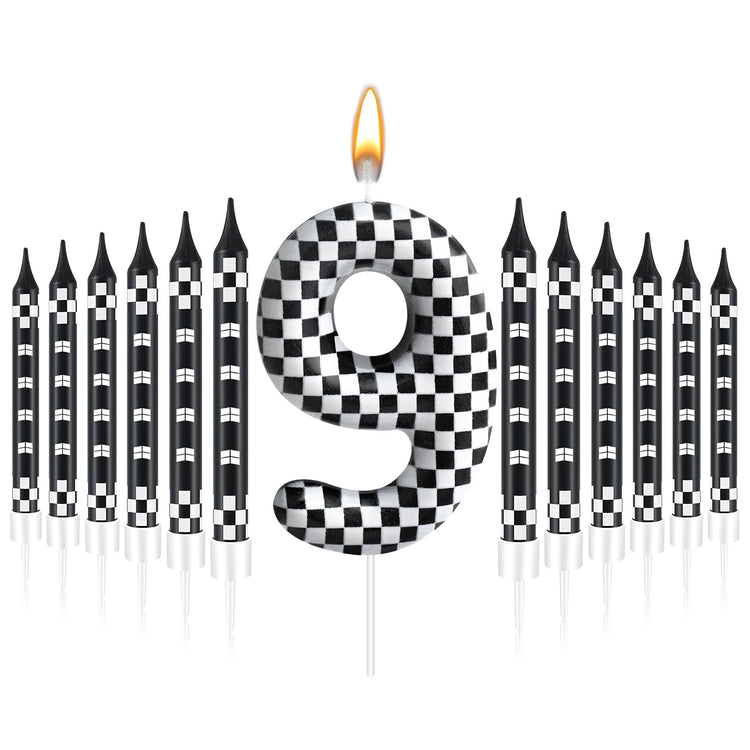 13 Pcs Racing Cars Themed Birthday Candles Black and White Race Number 9 Checkered Candle Cake Topper for Racing Car Party Decoration Supplies (13 Count)