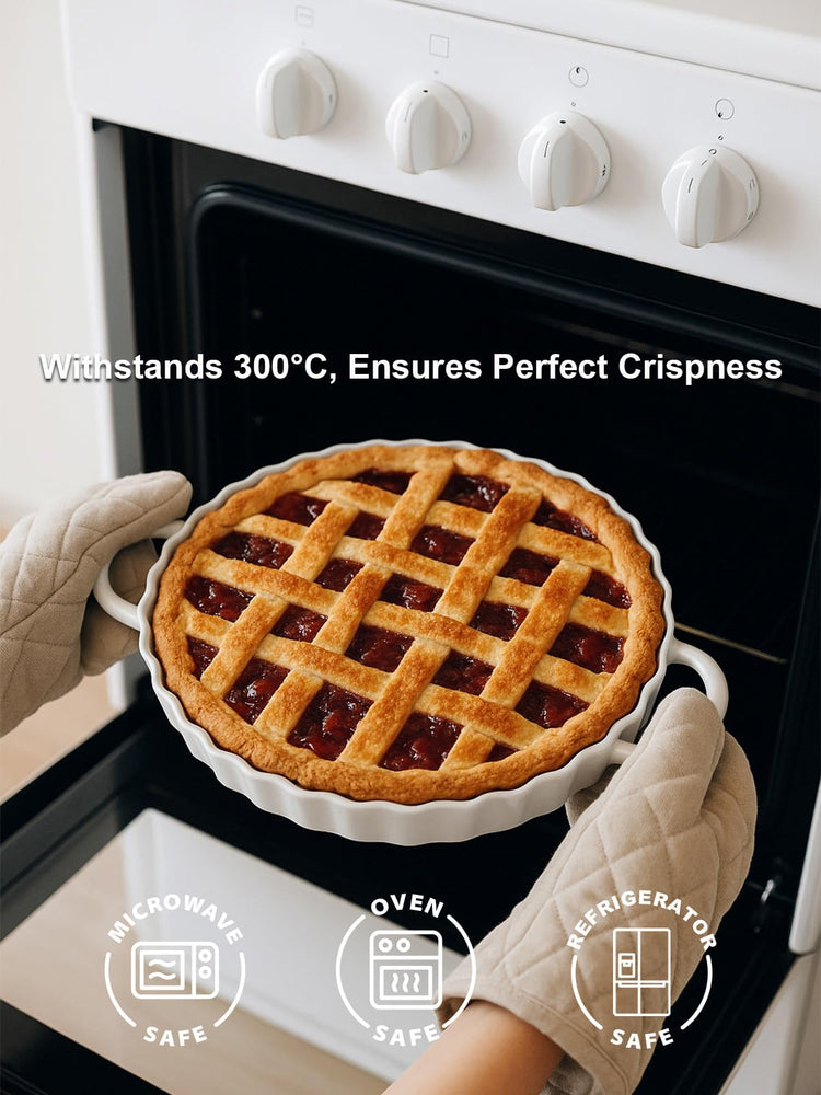 10×2in Deep Ceramic Pie Pan with Handles for Pie Quiche Tart Baking. Easy to grip