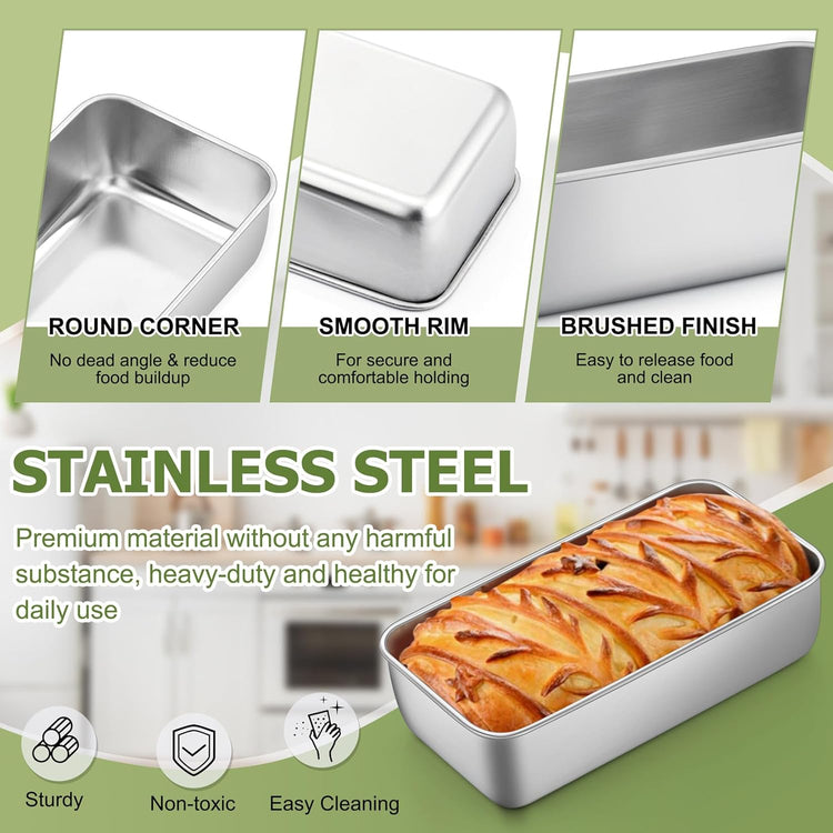 P&P CHEF Loaf Pan Set, 9 x 5 Inch Bread Pans, Stainless Steel Loaf Toast Baking Pans For Bread Meatloaf Lasagna Cake, Healthy & Non Toxic, Oven & Dishwasher Safe,(Silver, 4Pcs)