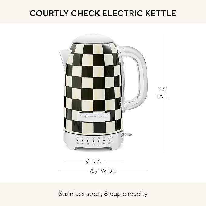 MACKENZIE-CHILDS Stainless-Steel Electric Kettle Bundle with Stainless-Steel 2-Slice Toaster, Black-and-White Courtly Check