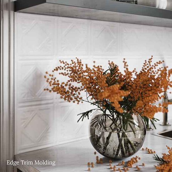 American Tin Ceilings Tin Backsplash [5-Pack with Trim Kit] in Pattern #19 and Bright White Satin Color 24" x 24" (20 Sq Ft) for Kitchens | Genuine Tin | Made in The USA | Model: kit-b-p19-wbs