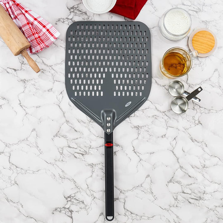 TKC Perforated Pizza Peel - 12" Metal Pizza Turner compatible with All Ovens, Indoor & Outdoor Use, Durable and Heat-Resistant Handle, Lightweight Pizza Spatula (Black)
