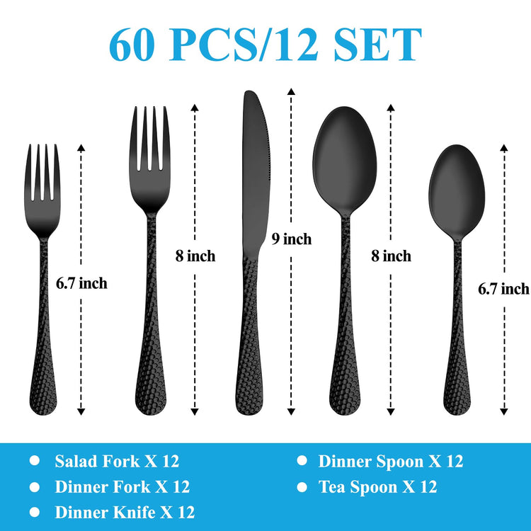 60 Pcs Black Hammered Silverware Set Service for 12 (60 Count)